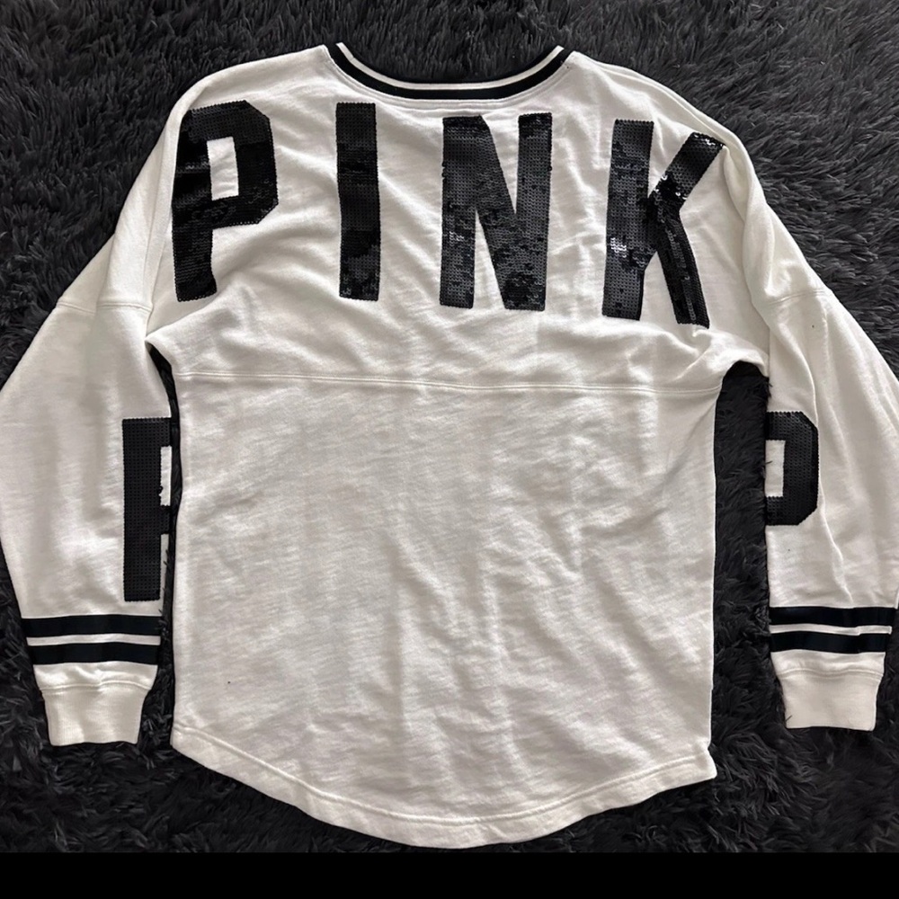 VICTORIA'S SECRET PINK SEQUIN VARSITY Crew Pullover White Black  Medium NWT